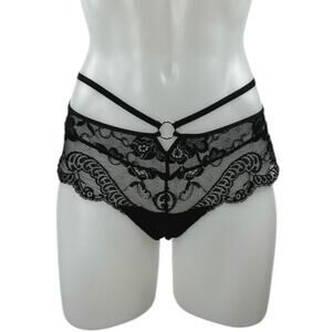 Aubade Women's Black Lace Strappy Crotchless Garter Belt Thong Underwear Panty S